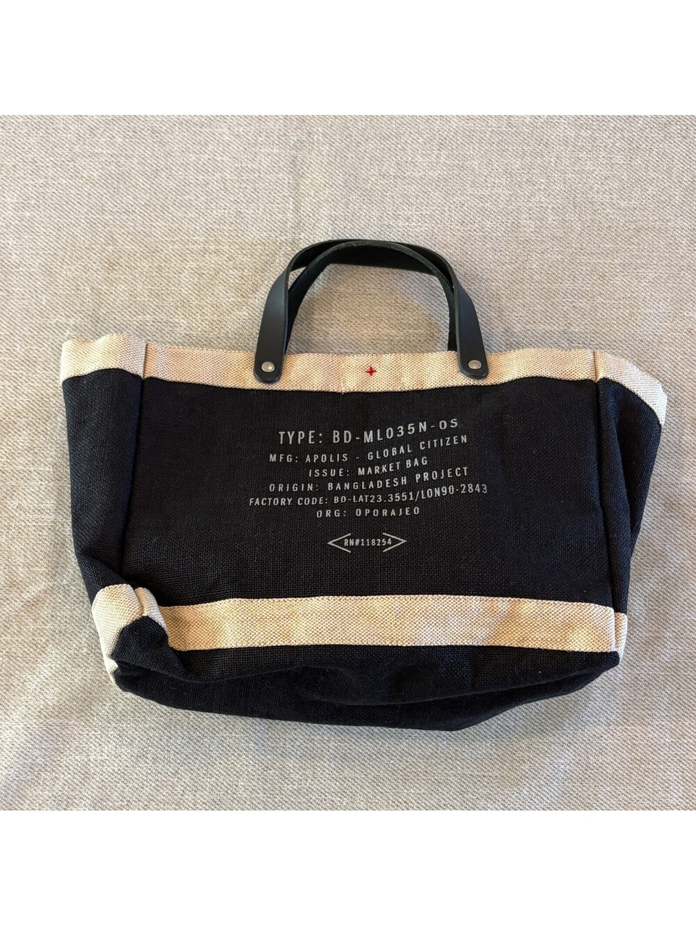 Apolis Global Citizen Black Jute Market Bag Mini Tote Leather Handles LJO Initia